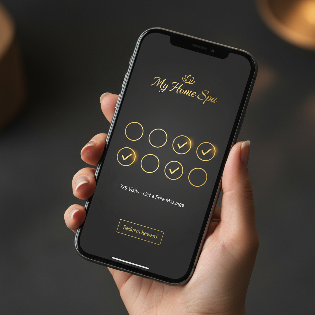 Sample digital loyalty card for a demonstration business, My Home Spa, shown on a smartphone